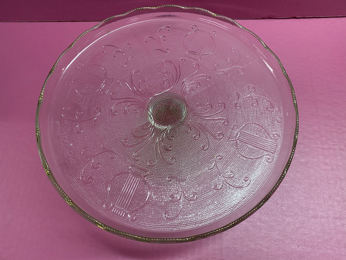 Jeannette Glass Harp pattern cake stand gold scallop edges Depression Glass | Finer Things Resale