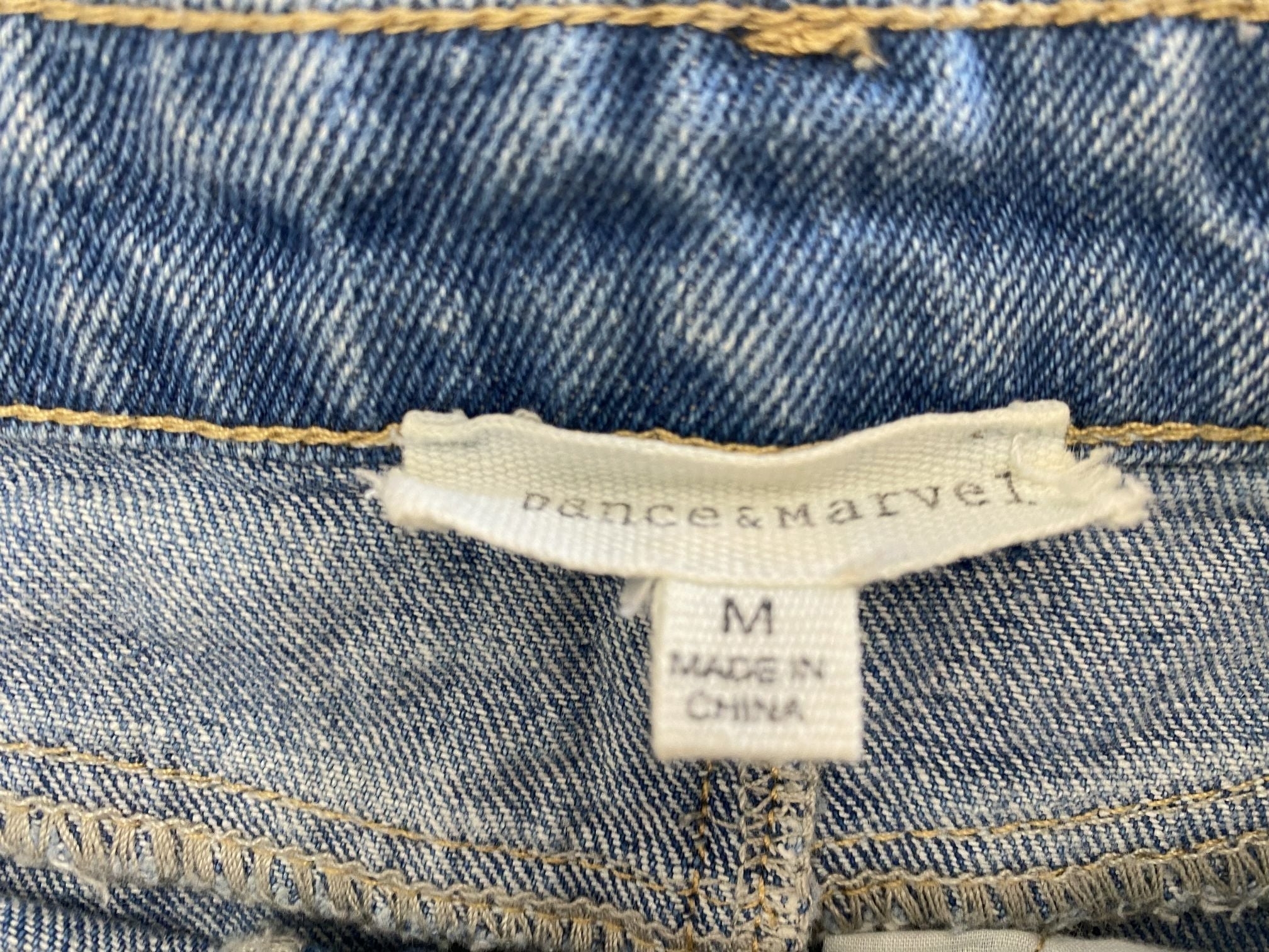 Dance & Marvel print distressed denim mini skirt SIZE MEDIUM | Finer Things Resale