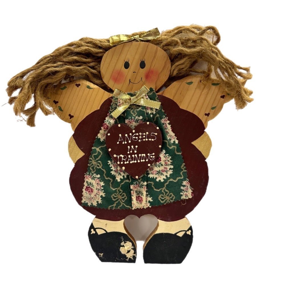 Vintage 1990's Angels in Training wooden angel wall hanging picture folk art USA | Finer Things Resale