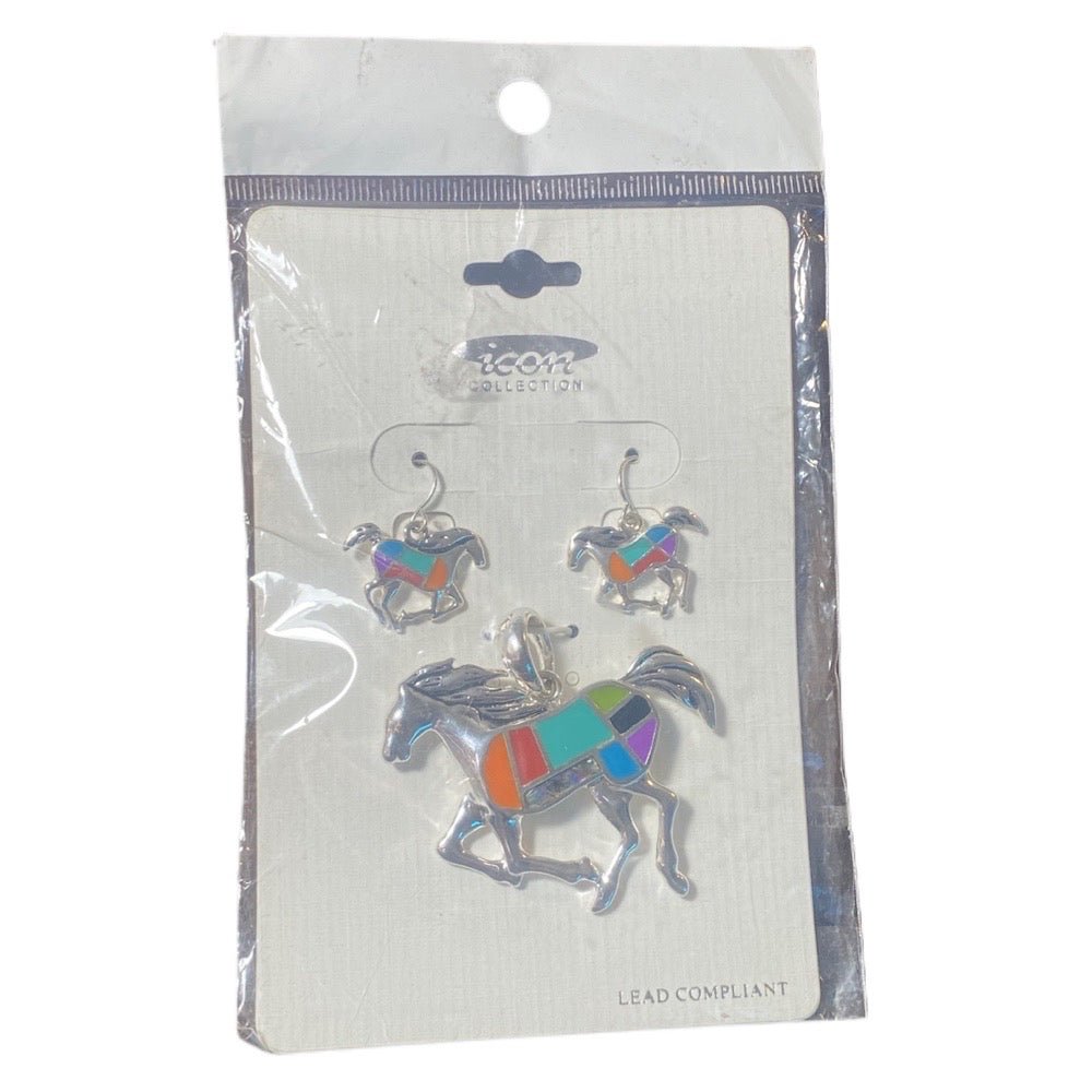 Western Rodeo Horsesilver & colored enamel earrings with matching pendent NEW! | Finer Things Resale