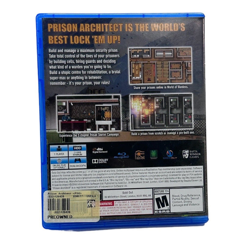 Prison Architect Playstation 4 PS4 game 2016 Rated m 17+ | Finer Things Resale
