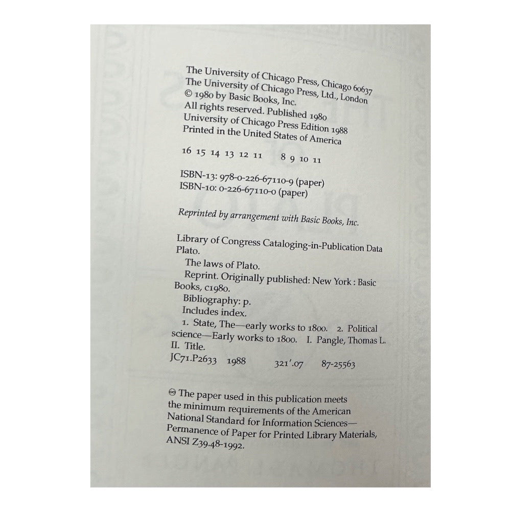 The Laws of Plato by Plato Thomas J Pangle | Finer Things Resale