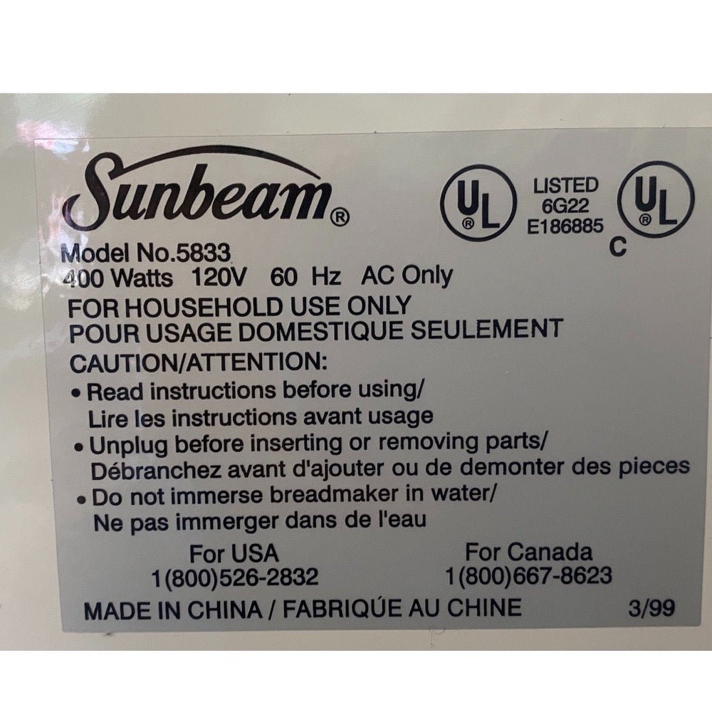 sunbeam 58-minute express breadmaker 5833 replacement lid finer things resale - 2
