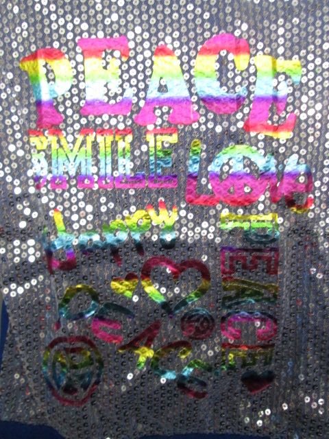 One Step Up PEACE SMILE LOVE long sleeve sequin shirt SIZE LARGE BRAND NEW! | Finer Things Resale