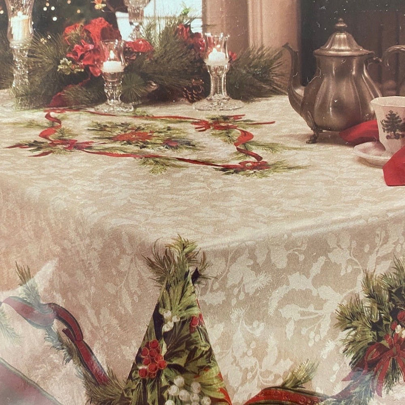 Benson Mills Christmas Ribbons Jacquard Printed Tablecloth 60X84 NEW! | Finer Things Resale