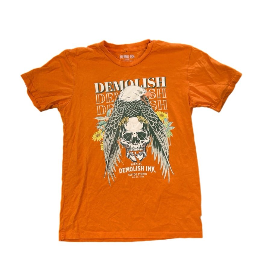 Demolish Ink Miami Tattoo Graphic T-Shirt Orange Eagle Skull MENS SMALL | Finer Things Resale