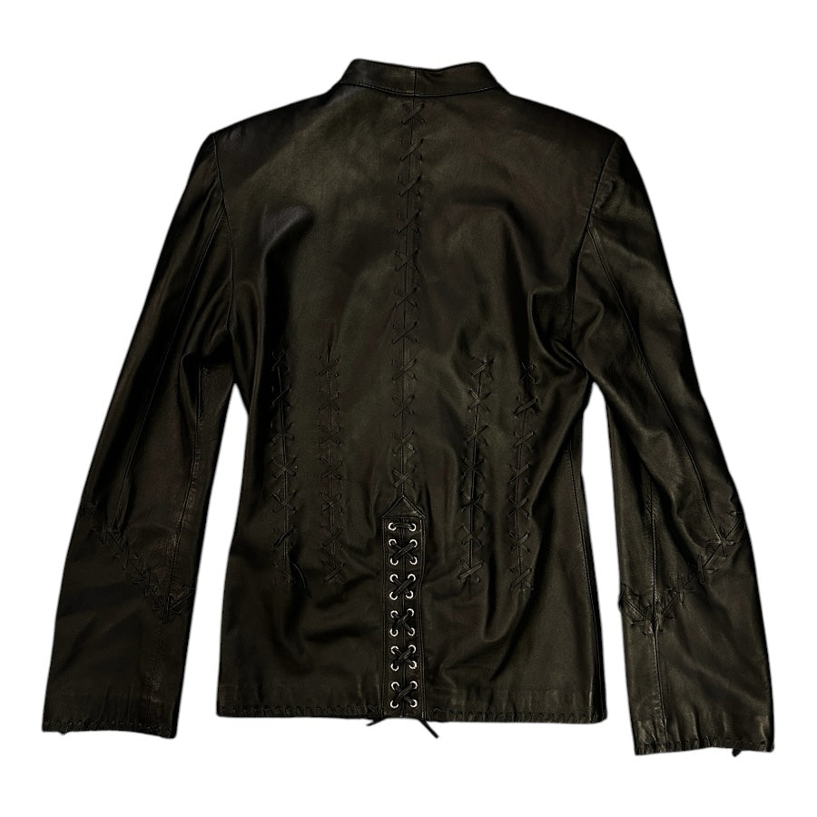 Wayne Rogers Black Genuine Leather Jacket Womens M Lace Up Corset Western Y2K