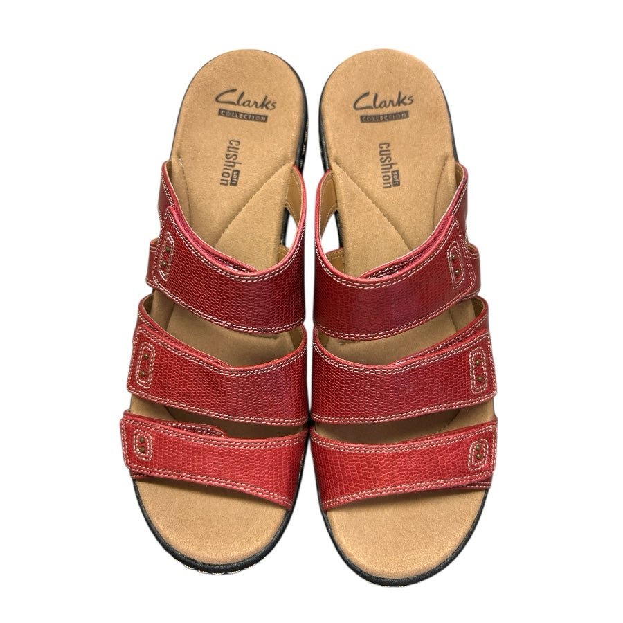 Clarks Delana Damir Red Leather Slide Sandals Wedge Heel SIZE 9M NEW IN BOX! | Finer Things Resale