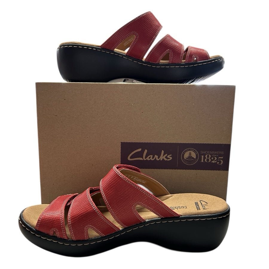 Clarks Delana Damir Red Leather Slide Sandals Wedge Heel SIZE 9M NEW IN BOX! | Finer Things Resale