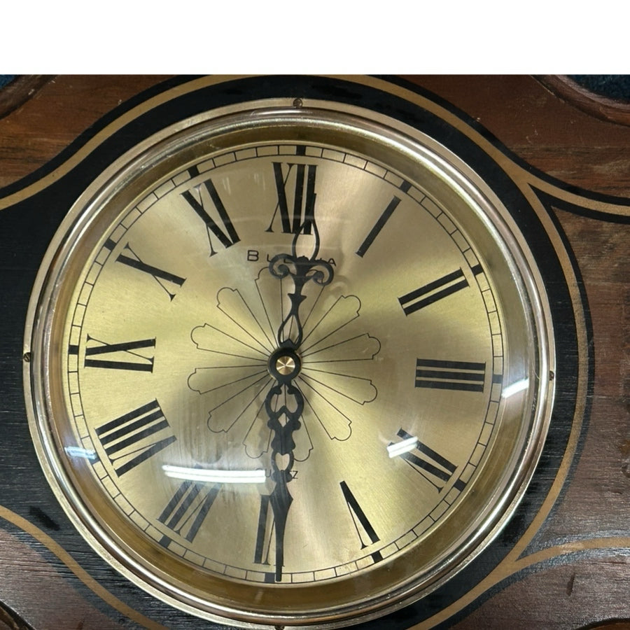Vintage Bulova Quartz Wall Clock Barometer Wood Brass England PARTS OR REPAIR
