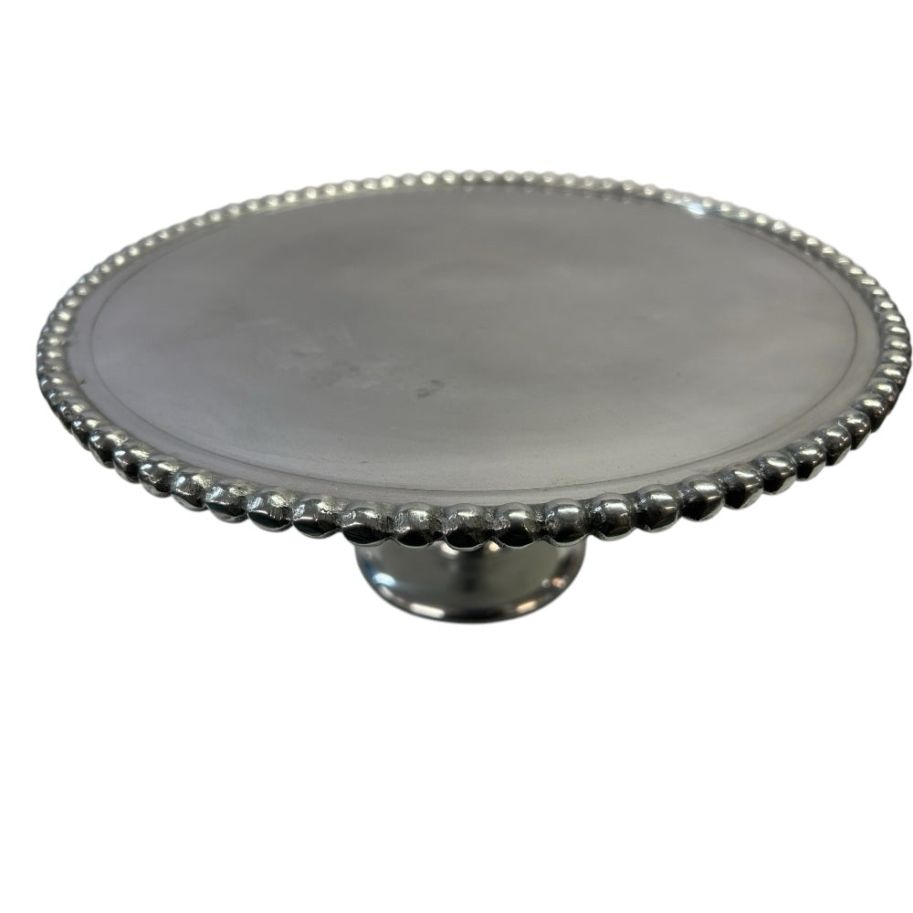 Polished Silver Tone Round Cake Dessert Stand with beaded trime Stainless Steel