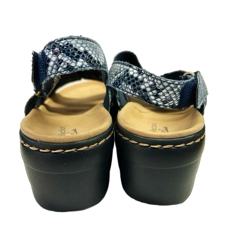 Clarks Leisa Lakelyn Black Snakeskin Comfort Wedge Sandals SIZE 7.5 | Finer Things Resale