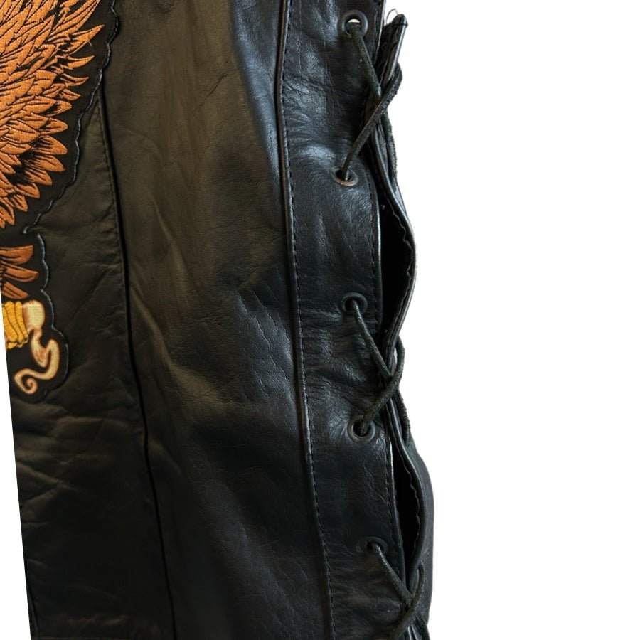 UNIK Leather Black Motorcycle Vest Lace Up Side Eagle Flag Ride Free MENS 48T | Finer Things Resale
