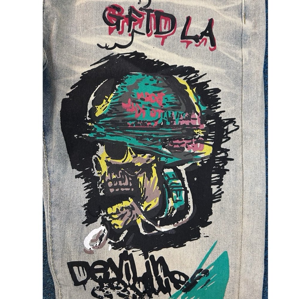 Fashion Skull Punk Rocker Graffiti Distressed Jeans D'Andijieshen SIZE 30 NWT | Finer Things Resale