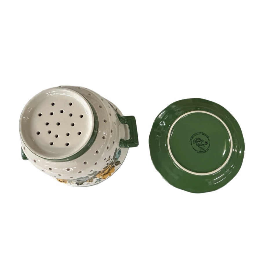 Pioneer Woman Rose Shadow Ceramic Colander Strainer with Drip Plate | Finer Things Resale