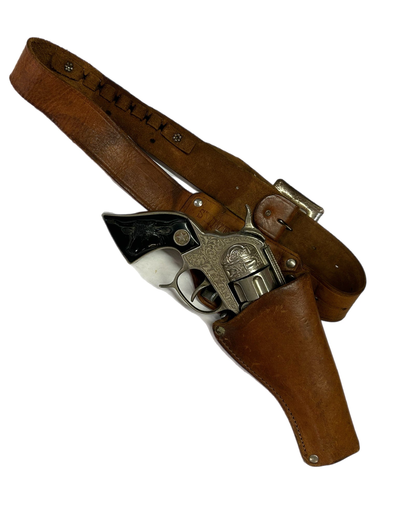 Hubley Texan Cap Gun with Mattel Swivelshot leather holster VINTAGE 1950'S | Finer Things Resale