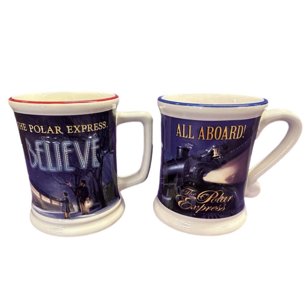 Polar Express BELIEVE & ALL ABOARD 3D Train Mug set Warner Bros | Finer Things Resale