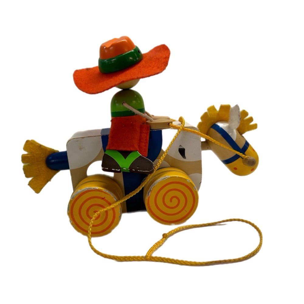 Sevi Italy Cowboy & Horse wooden pull along toy VINTAGE | Finer Things Resale