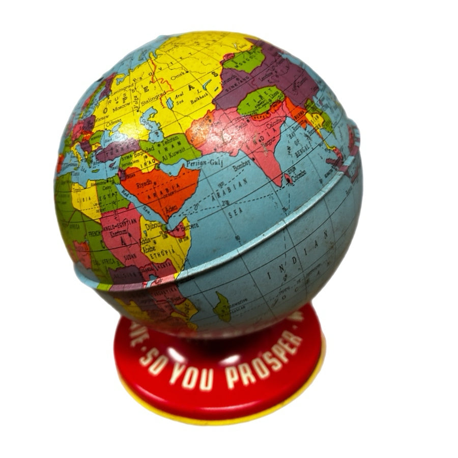 Ohio Art Company Tin Litho World Globe Coin Bank So You Prosper 1940's Pre-WWII | Finer Things Resale