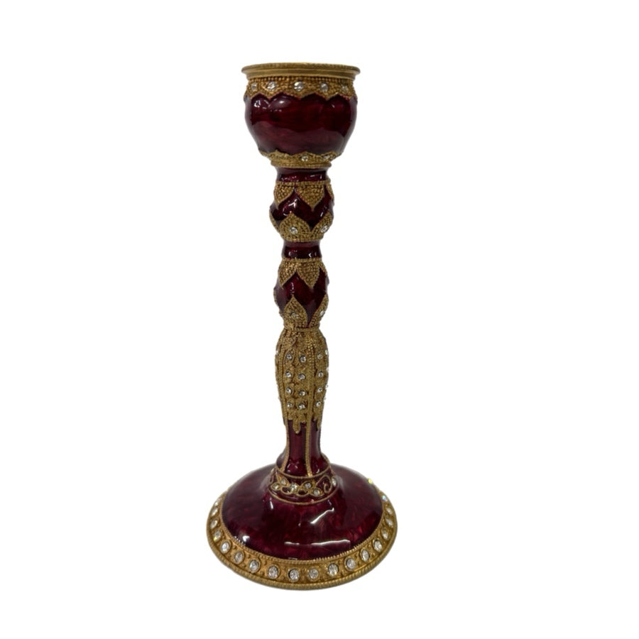 Vintage Red Enamel Jeweled Rhinestone Gold Tone Candlestick Holder6"