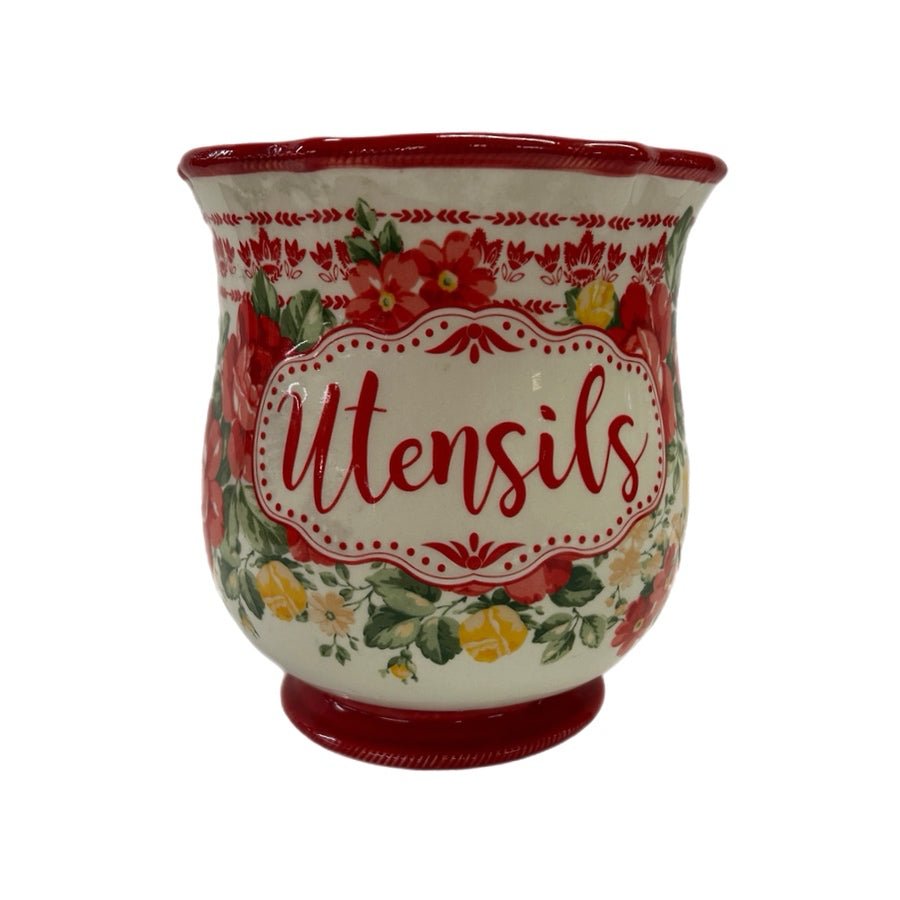 Pioneer Woman Vintage Floral Stoneware Utensil Holder Jar Farmhouse Kitchen | Finer Things Resale