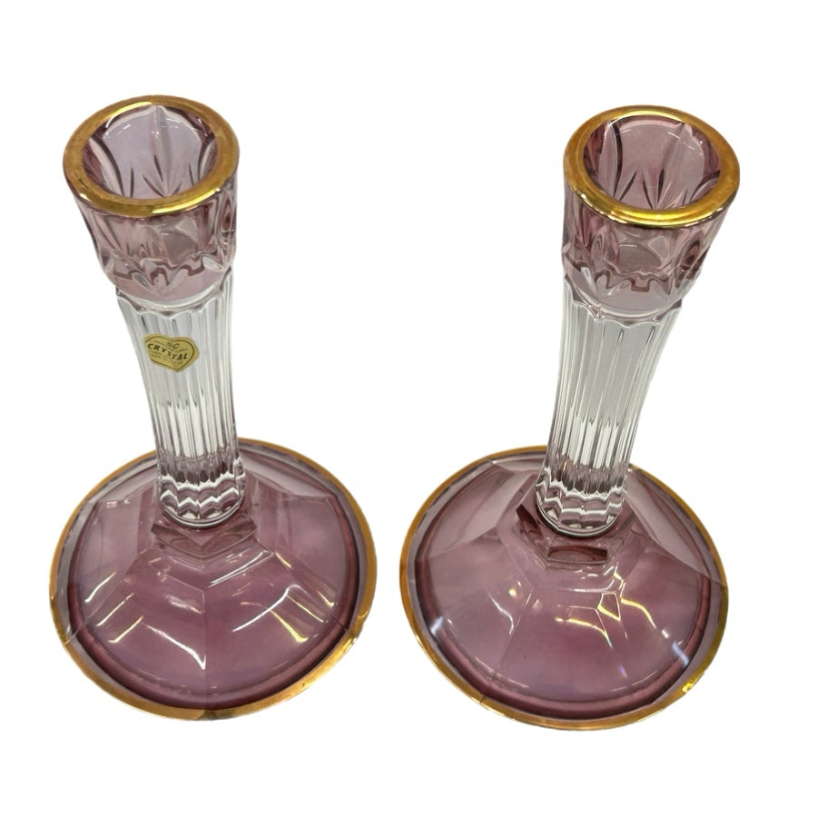 Vintage SC Crystal Italy Amethyst Lead Crystal Candlesticks Gold Trim Pair 8.5"