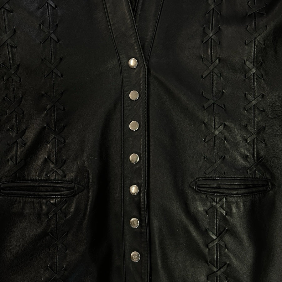 Wayne Rogers Black Genuine Leather Jacket Womens M Lace Up Corset Western Y2K