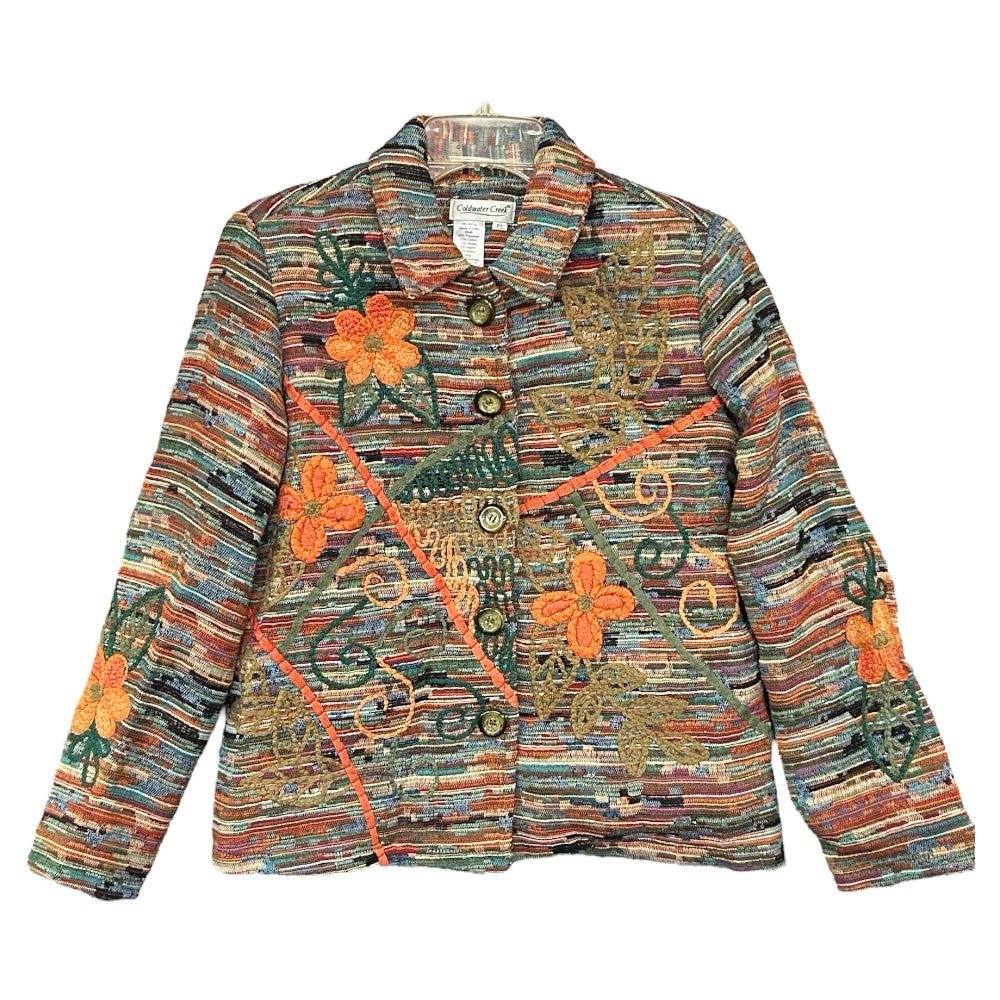 Coldwater Creek Colorful Flower Embroidered Jacket Coat RETRO PETITE SMALL | Finer Things Resale