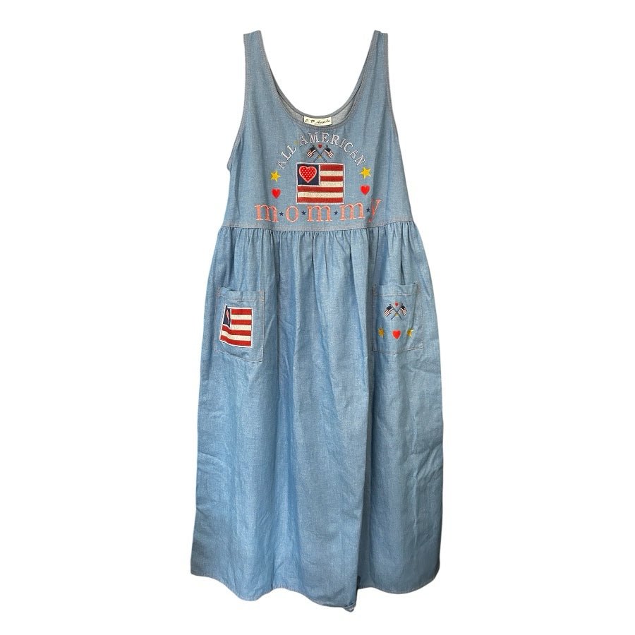 All American Mommy Patriotic USA Flag Jumper dress Y2K VINTAGE 1990's SIZE SMALL | Finer Things Resale