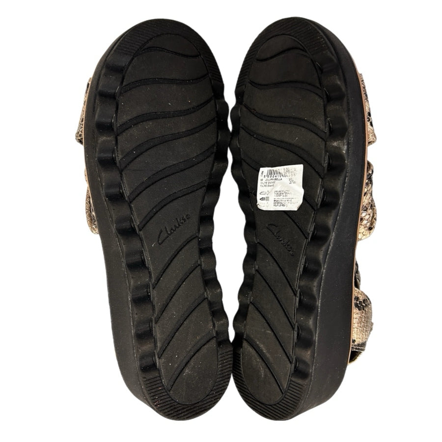 Clarks Jillian Bella Taupe Snake  Comfort Wedge Sandals SIZE 7.5 | Finer Things Resale