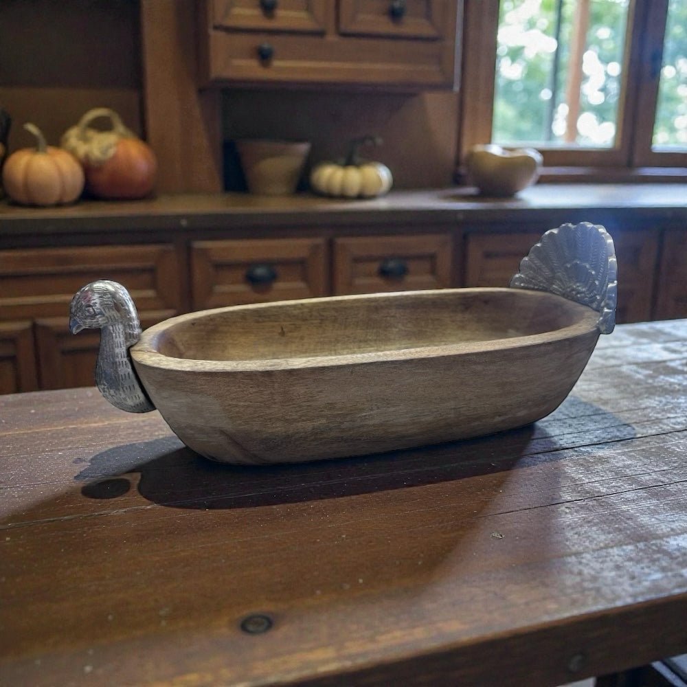 Hand Carved Wooden Serving Bowl with Turkey handles Rustic Decorative Dish | Finer Things Resale