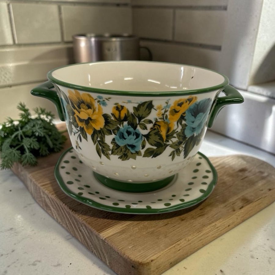 Pioneer Woman Rose Shadow Ceramic Colander Strainer with Drip Plate | Finer Things Resale