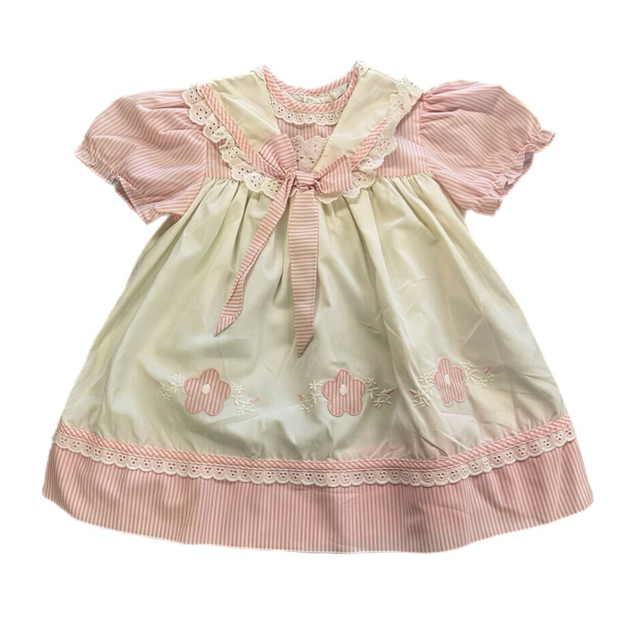 Vintage Y2K Style Pink Floral Embroidered Dress Puff Sleeves Lace Cottagecore 4T