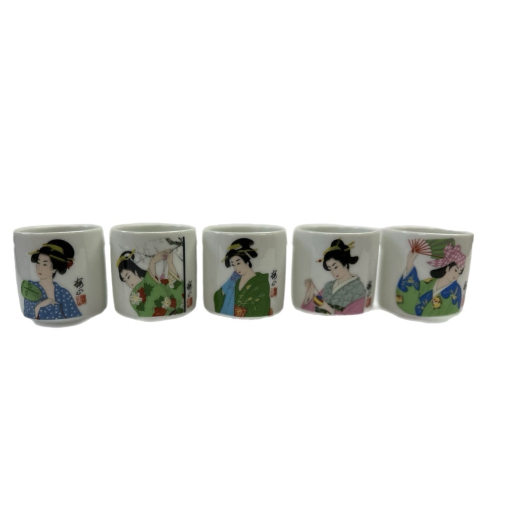 Japanese Geisha Girls Sake Porcelain Sake Tea Cups Set of 5 VINTAGE | Finer Things Resale