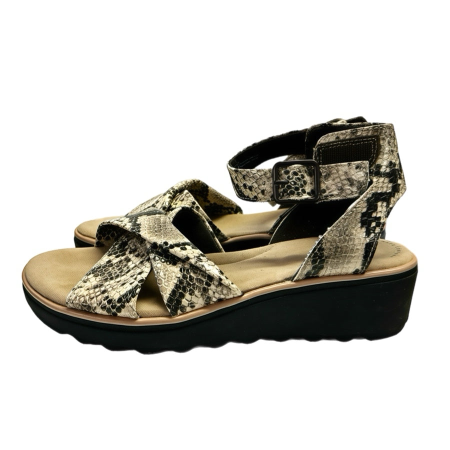 Clarks Jillian Bella Taupe Snake  Comfort Wedge Sandals SIZE 7.5 | Finer Things Resale