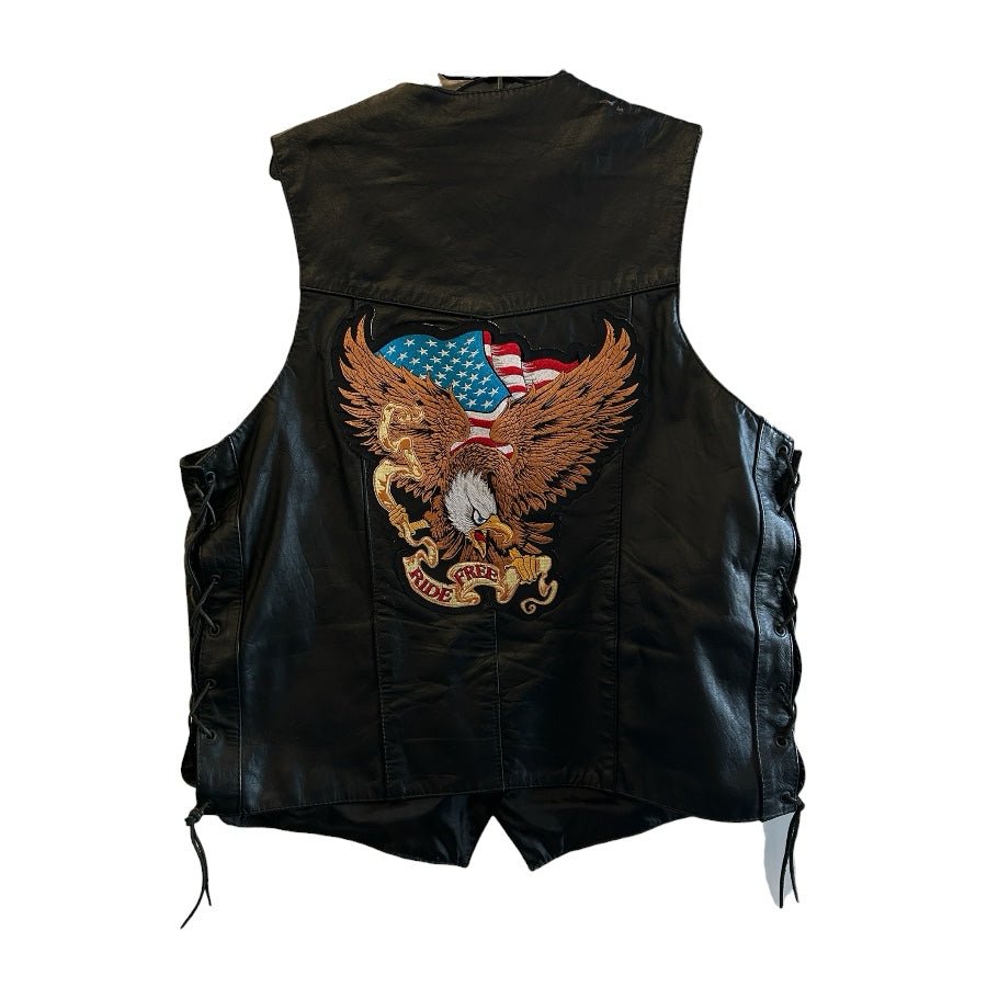 UNIK Leather Black Motorcycle Vest Lace Up Side Eagle Flag Ride Free MENS 48T | Finer Things Resale