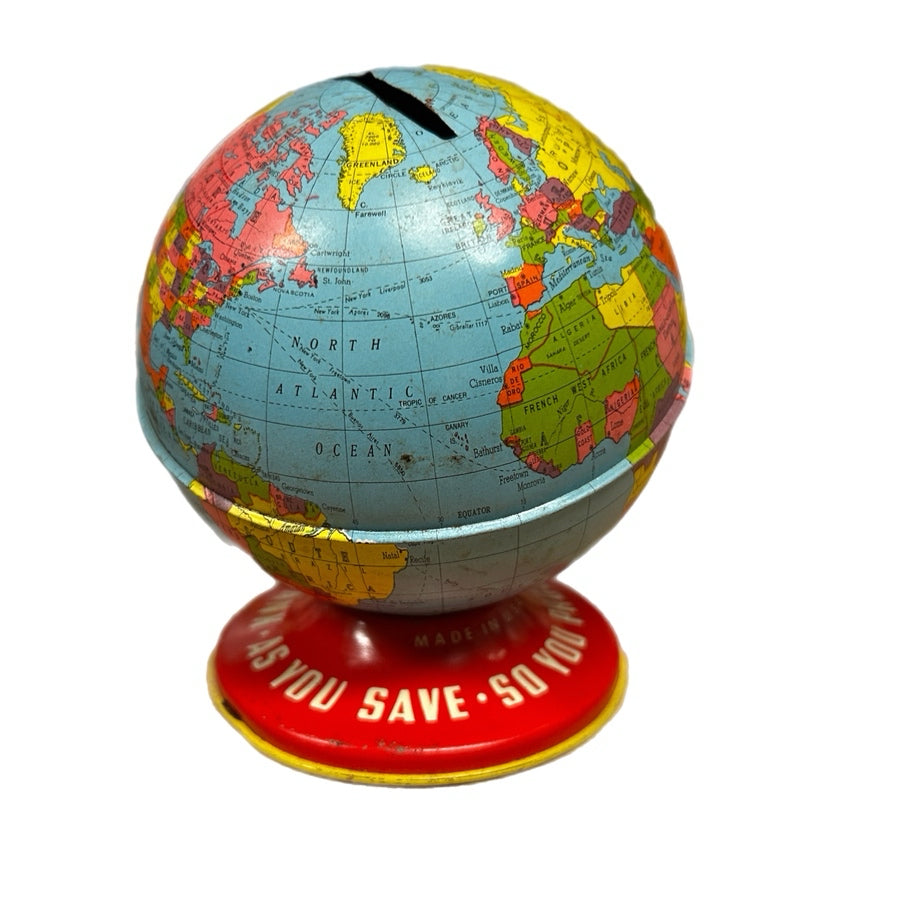 Ohio Art Company Tin Litho World Globe Coin Bank So You Prosper 1940's Pre-WWII | Finer Things Resale