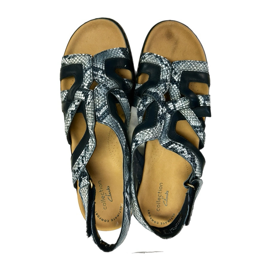 Clarks Leisa Lakelyn Black Snakeskin Comfort Wedge Sandals SIZE 7.5 | Finer Things Resale