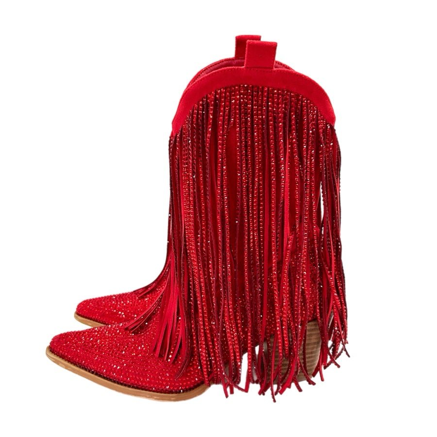 Ouepiana Red Fringe Rhinestone Western Cowboy Fringe Fashion Boots SIZE 7.5 | Finer Things Resale