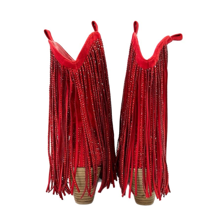 Ouepiana Red Fringe Rhinestone Western Cowboy Fringe Fashion Boots SIZE 7.5 | Finer Things Resale