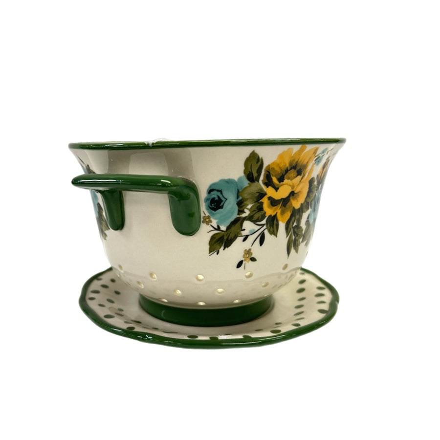 Pioneer Woman Rose Shadow Ceramic Colander Strainer with Drip Plate | Finer Things Resale