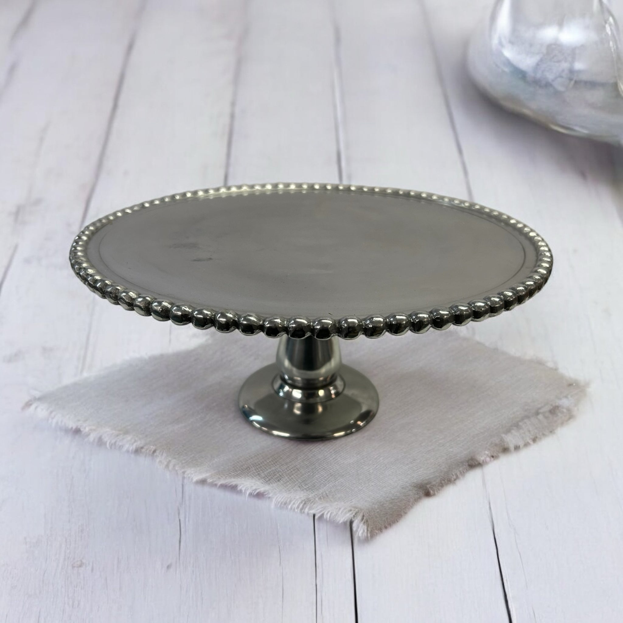 Polished Silver Tone Round Cake Dessert Stand with beaded trime Stainless Steel