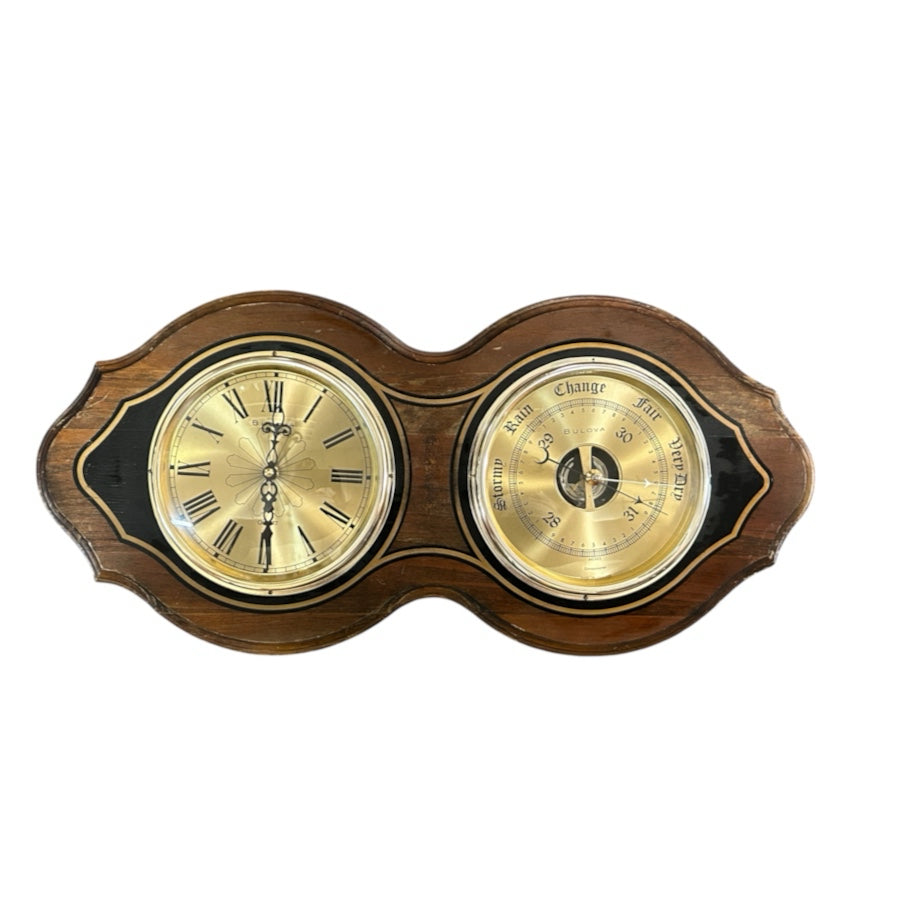 Vintage Bulova Quartz Wall Clock Barometer Wood Brass England PARTS OR REPAIR