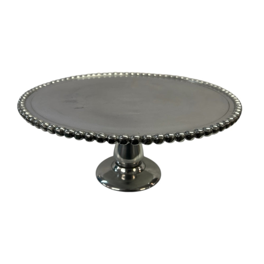 Polished Silver Tone Round Cake Dessert Stand with beaded trime Stainless Steel