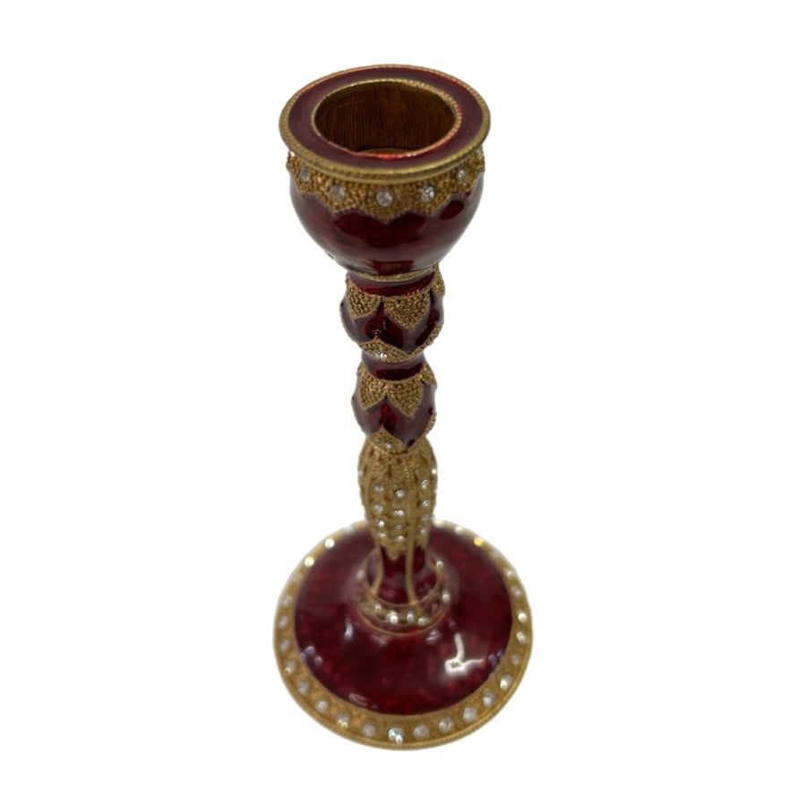 Vintage Red Enamel Jeweled Rhinestone Gold Tone Candlestick Holder6"