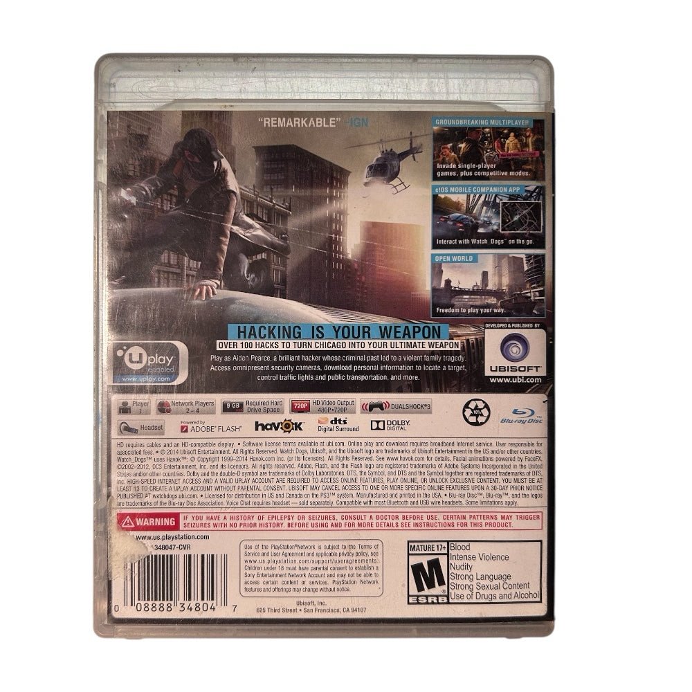 Watch Dog Playstation 3 PS3 game Sony 2014 Rated M 17+ | Finer Things Resale