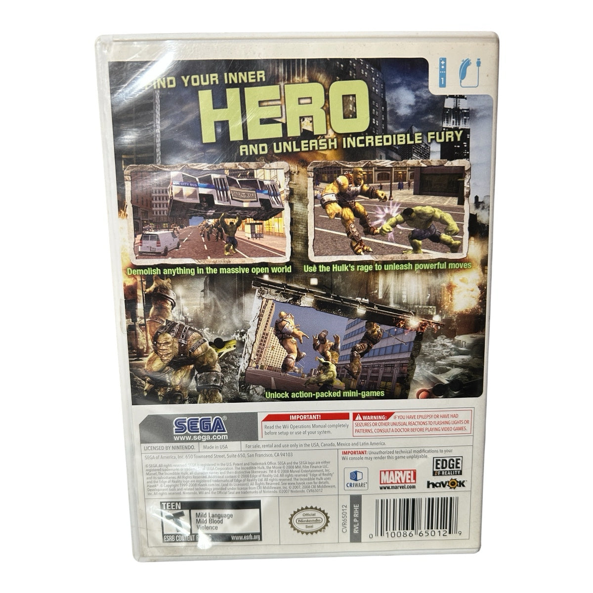 The Incredible Hulk Nintendo Wii game Sega 2008 Rated T CIB