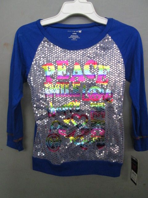 One Step Up PEACE SMILE LOVE long sleeve sequin shirt SIZE LARGE BRAND NEW! | Finer Things Resale