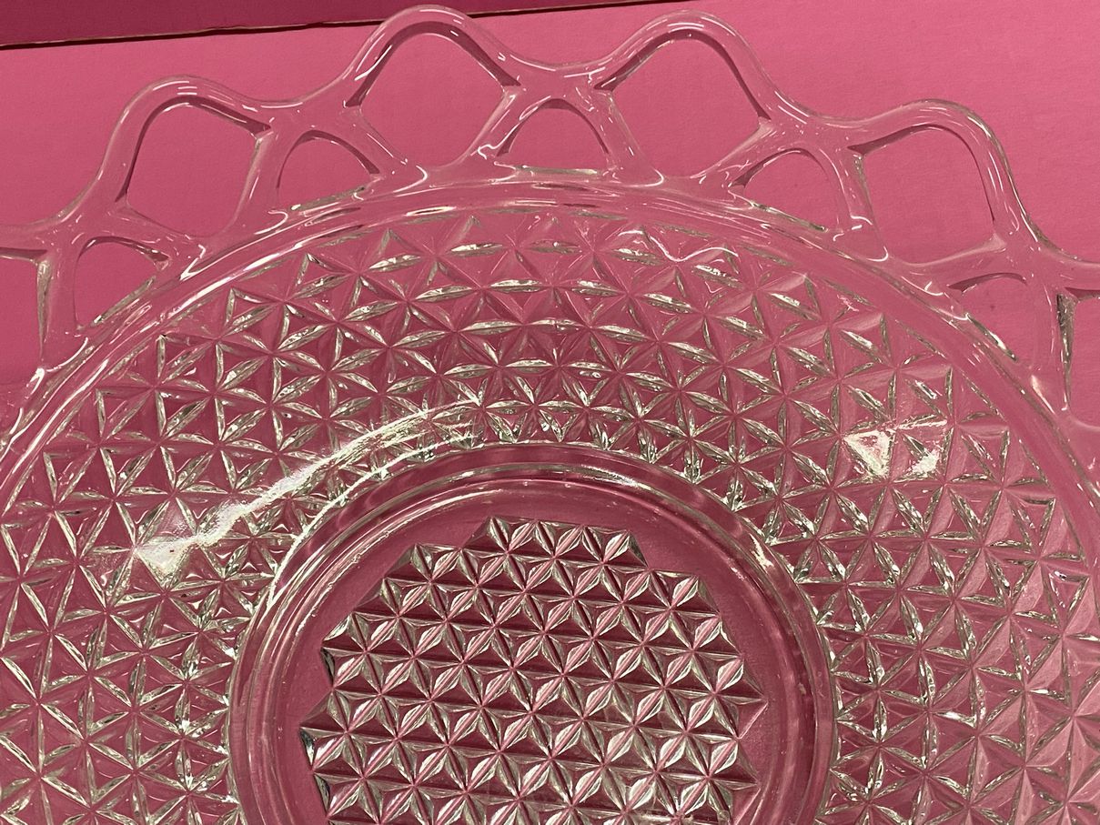 Imperial Glass  diamond pattern crochet lace edge 10" glass bowl | Finer Things Resale