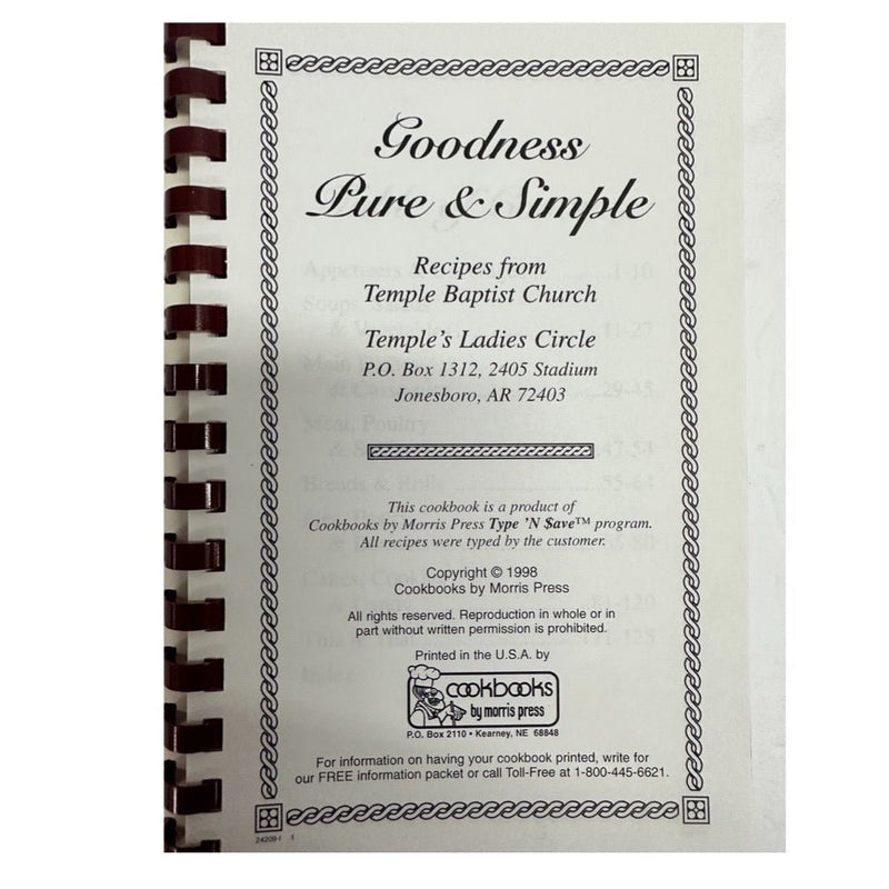 Goodness Pure &  Simple Recipes from Temple Baptist Church AR  VINTAGE 1998 | Finer Things Resale